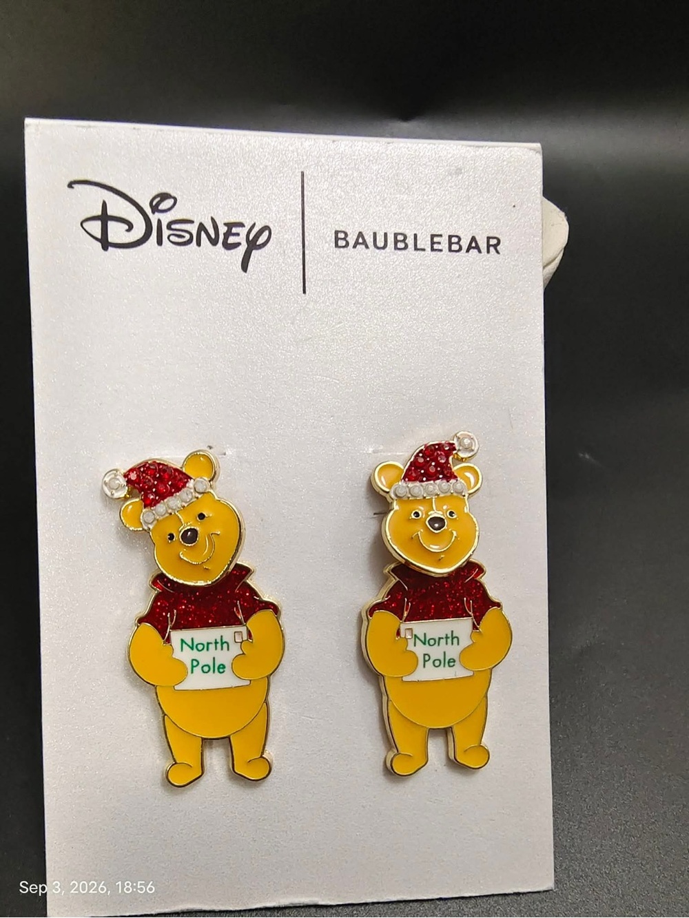 NWOTDisney BaubleBar Winnie the Pooh Christmas Santa Hat Stud Earrings North Pol